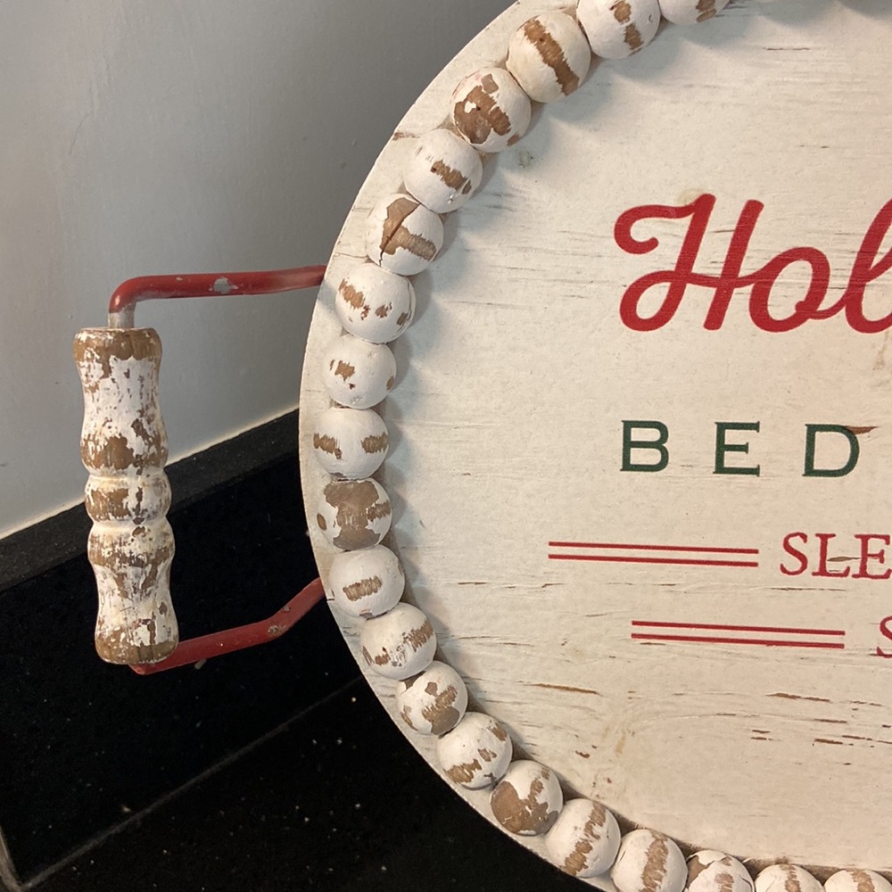 18” Tray HOLLY BERRY Christmas Holiday Wood Shabby Chic Chippy Beaded Farmhouse - Picture 4 of 10